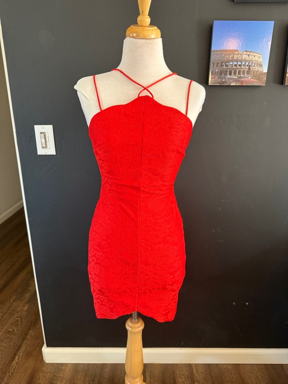 Orange Red Strappy Lace Mini Dress